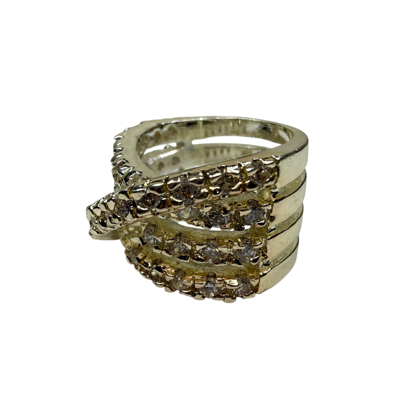 Sparkling Crisscross Band Statement Ring Gold Tone Clear Rhinestone Jewelry Sz 5