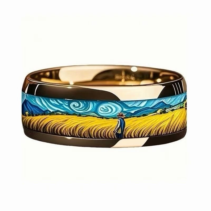 Art-Inspired Enamel Band Ring Gold （size 7/8/9/10/11）