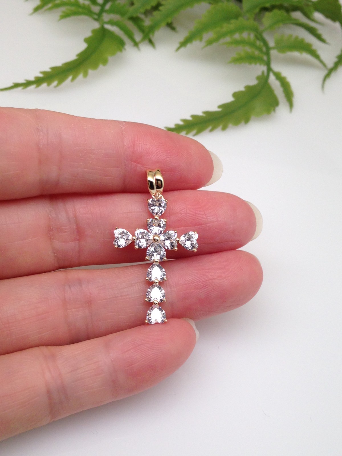 925 Sterling Silver CZ Gold Heart Cross Pendant Women 26mm(1.02″)/33mm(1.3″)