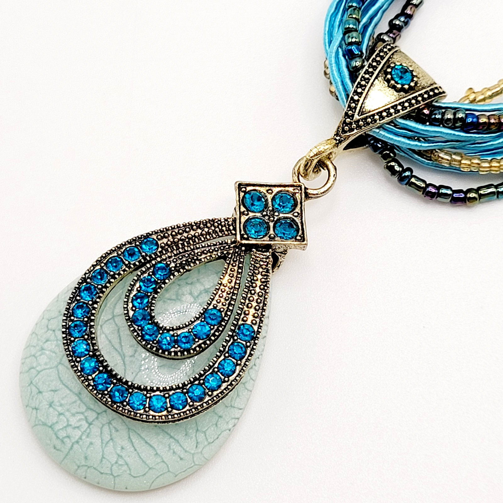 Modern Braided Multi Strand Peacock Colors Crystal Faux Stone Pendant Necklace