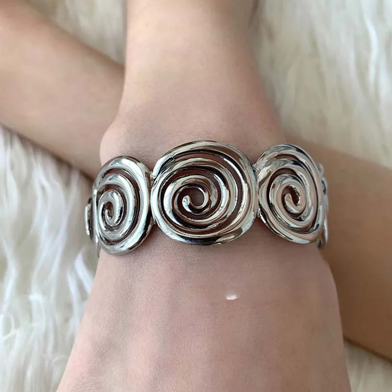 Punk Silver Geometric Spiral Bracelet Vintage Metal Open Adjustable Cuff Bangle