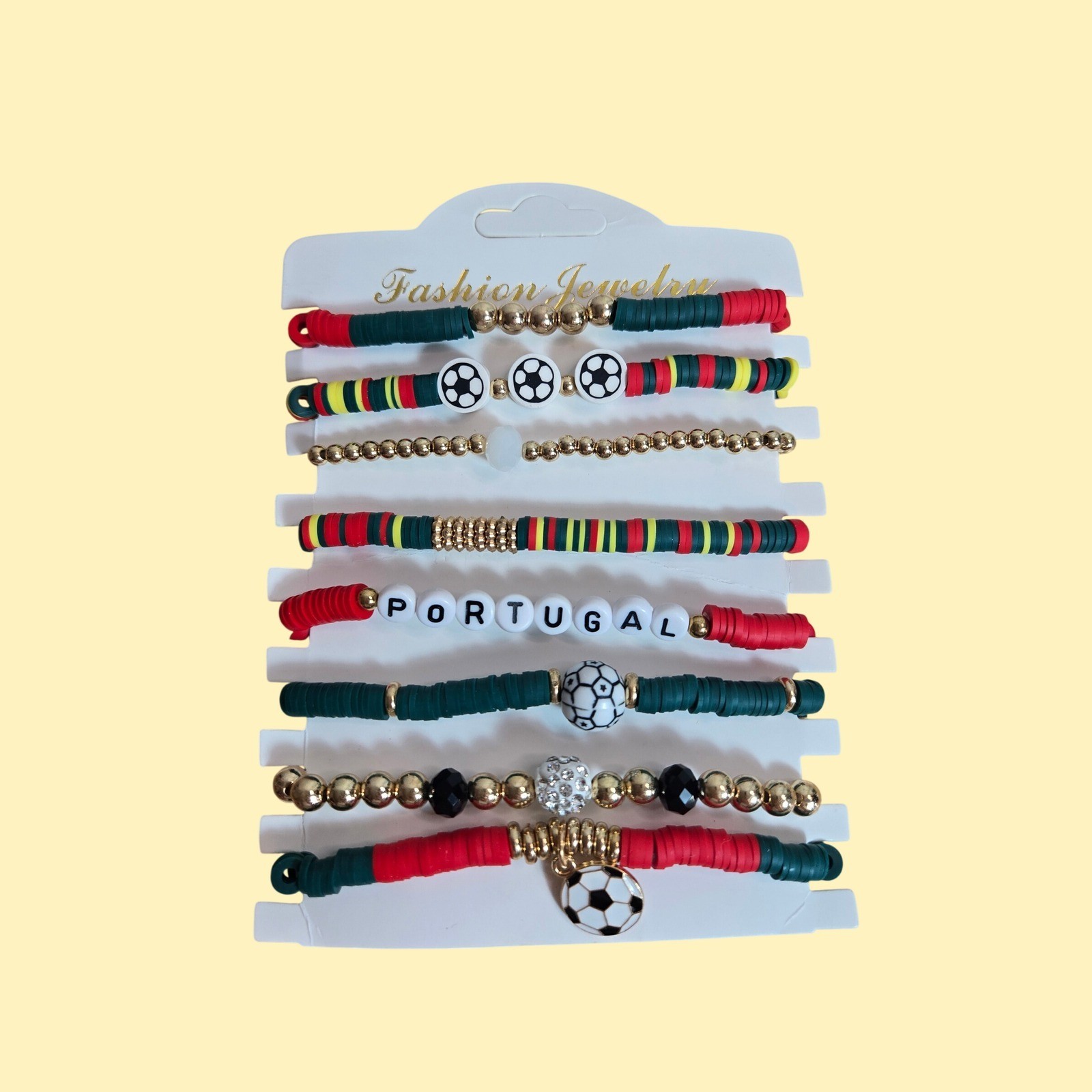 Portugal Soccer Fan Bracelet Set 8pc Red Green Heishi Bead World Cup Football