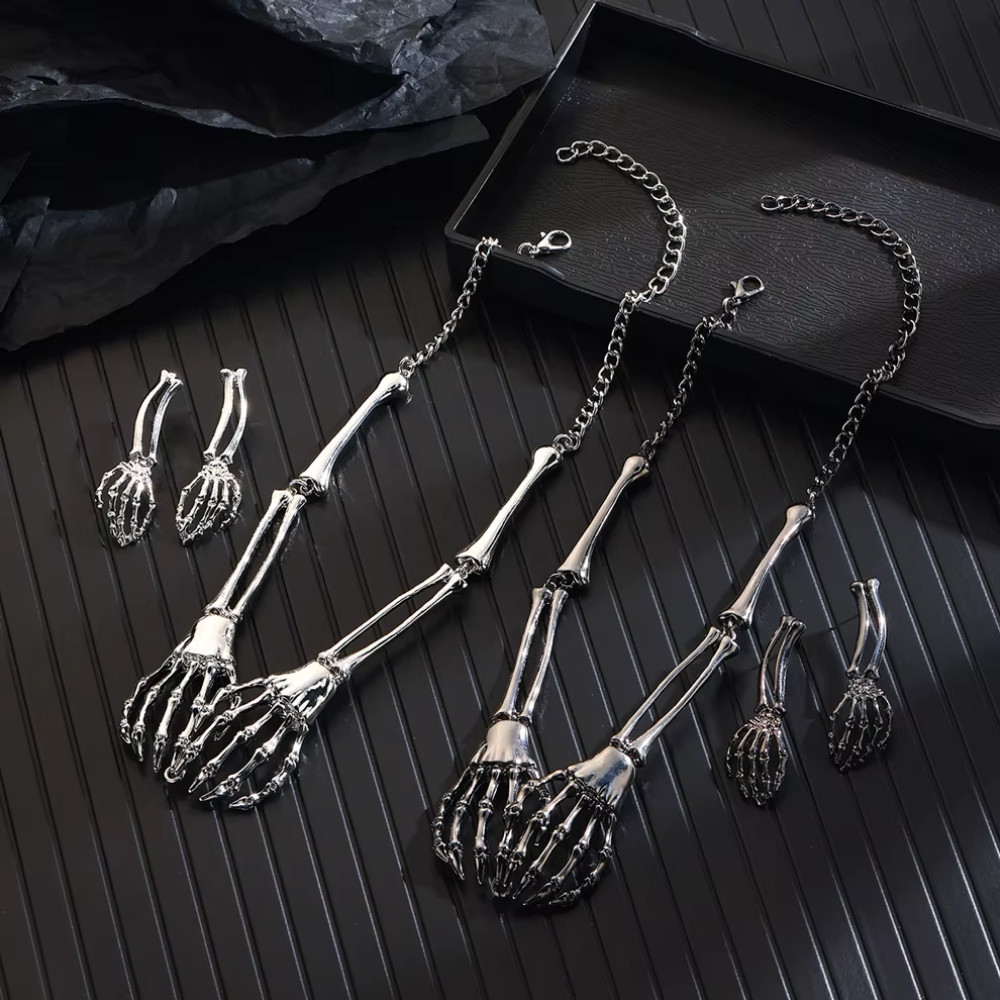 Halloween Skeleton Hand Necklace Earrings Set – Gothic Punk Jewelry for Women