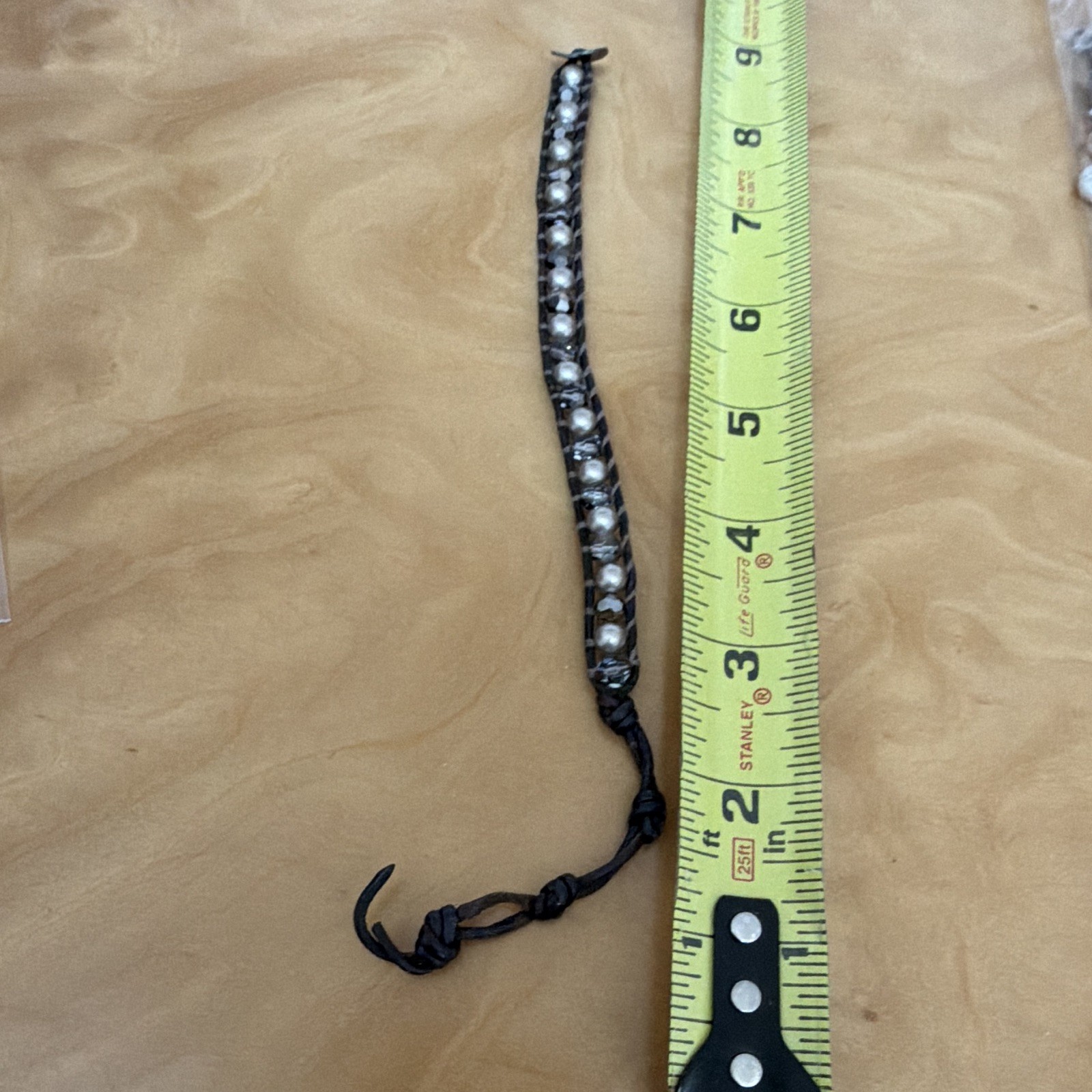Chan Luu Brown Leather Cord Wrap Bracelet w/ White Pearls & Crystals Button