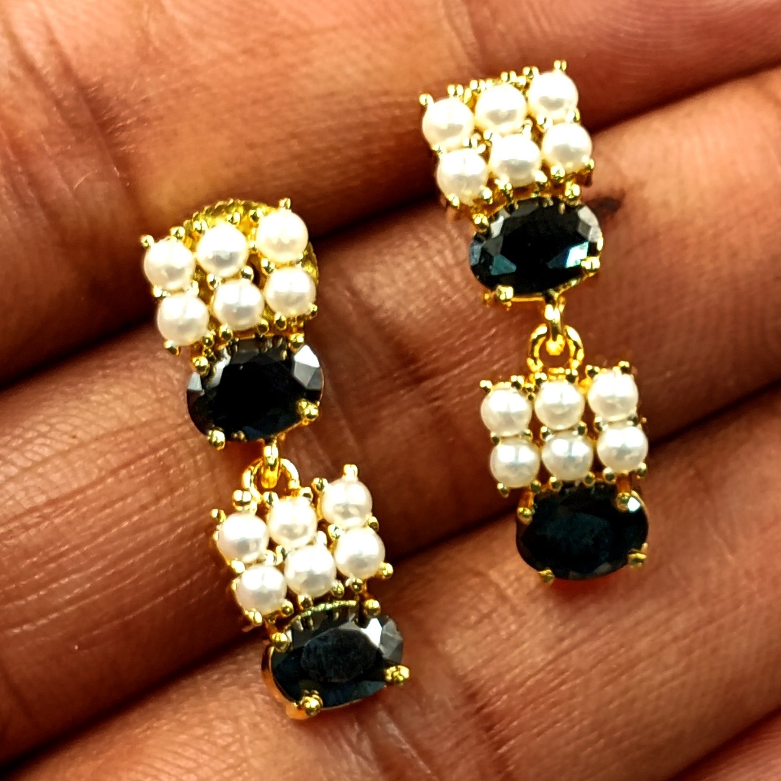 22k Gold Plated Black Onyx Choker Necklace Set Pearls Indian Temple Festival New
