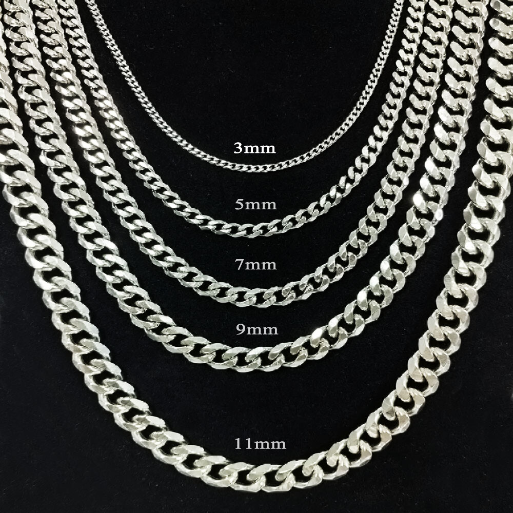 16-30″ Stainless Steel Silver Chain Cuban Curb Womens Mens Necklace 3/5/7/9/11mm