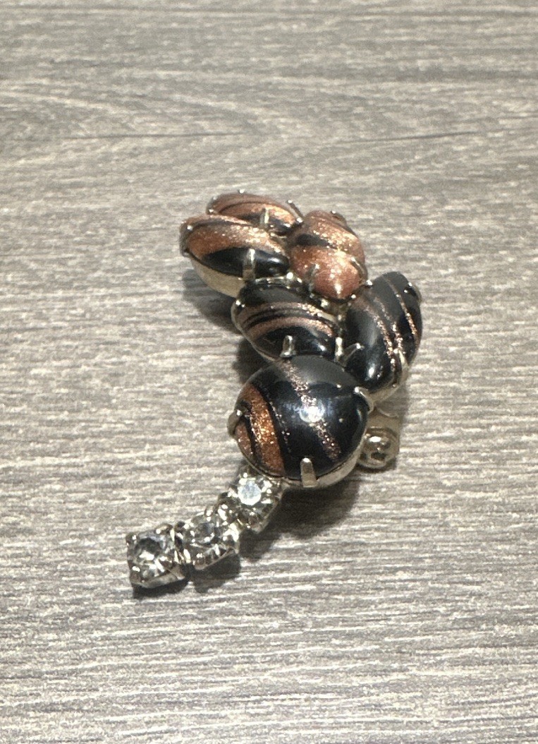 Vintage Aventurine Art Glass Black Copper & Silver Tone, Clear Rhinestones