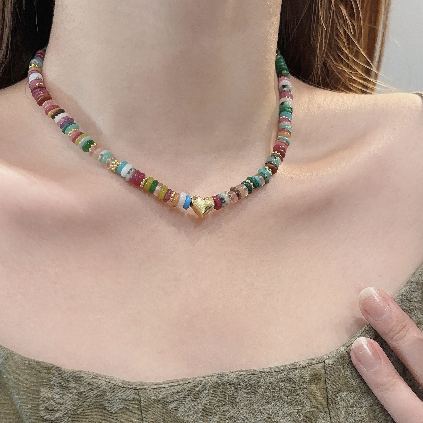 Rainbow Dopamine Natural Stone Necklace, Luxury Heart Pendant Choker Sweater Cha
