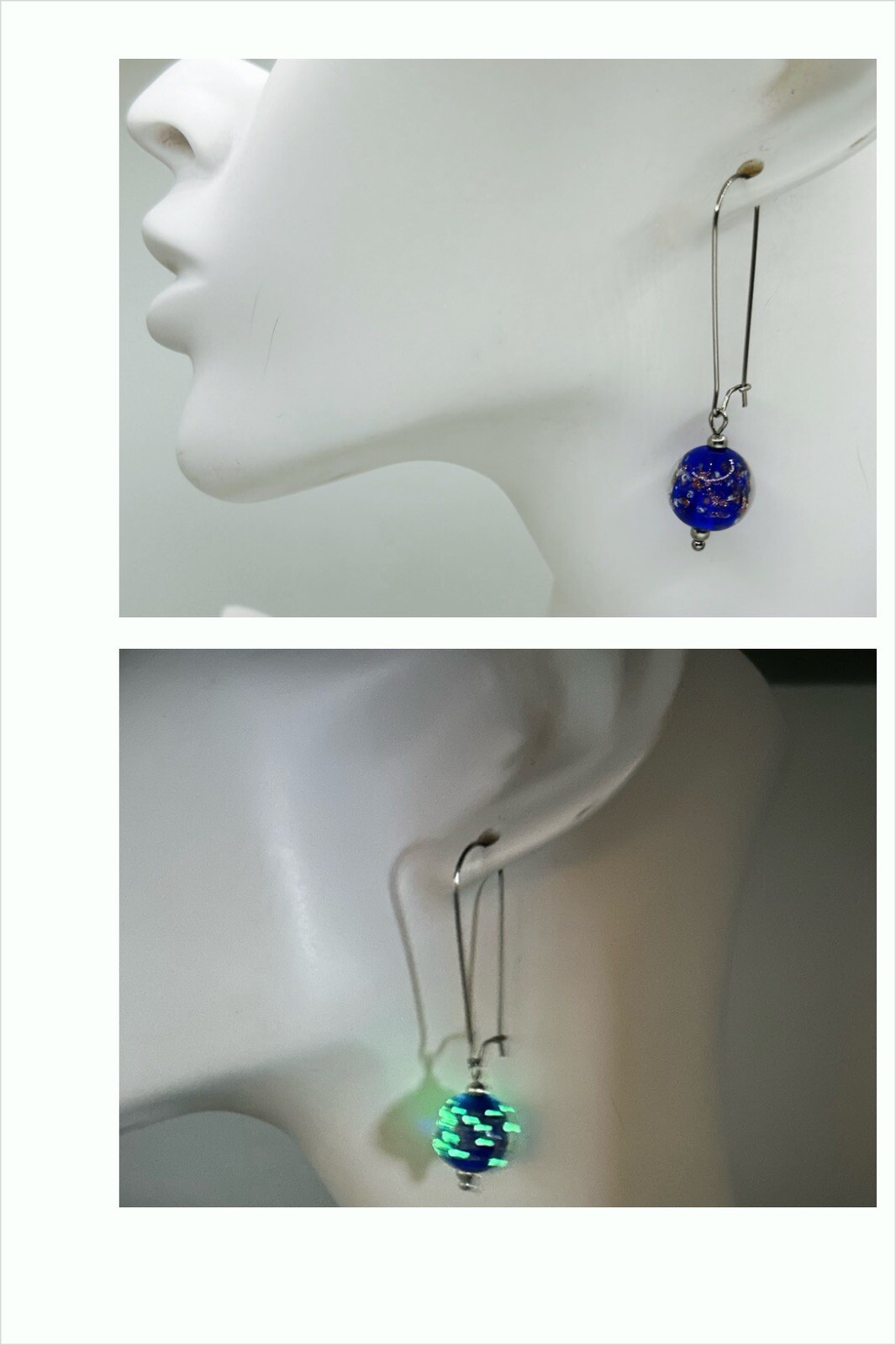 Deep Blue Glow-In-The-Dark Luminous Glass Dangle Drop Long Kidney Wire Earrings