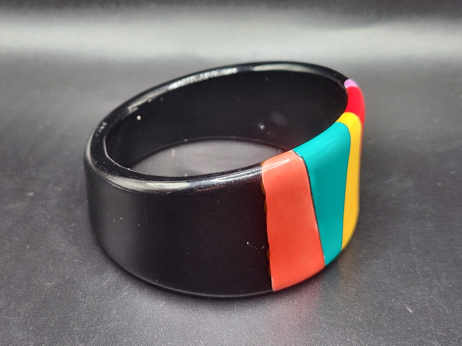 #0352 – Black Multicolor Geometric Wide Bangle Bracelet Colorful Statement Size