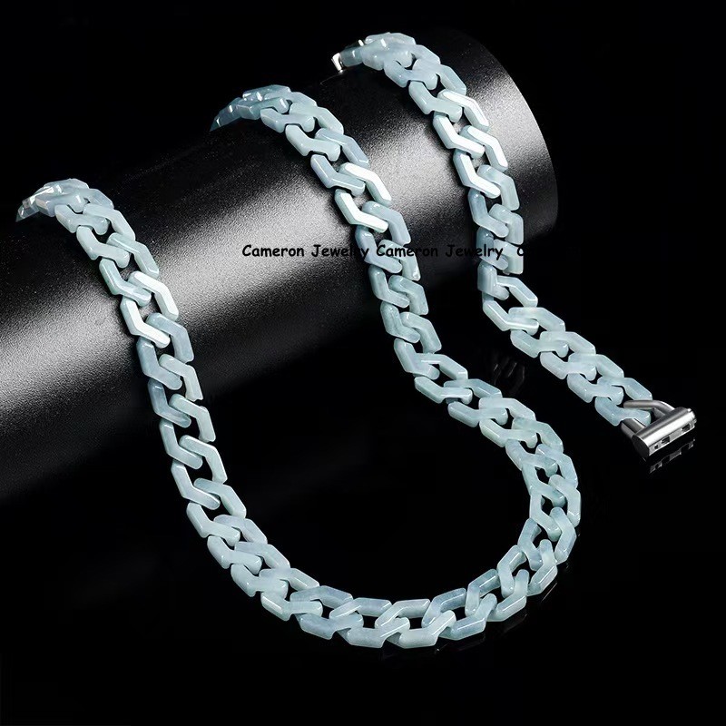 Real Grade A Natural Blue Jade Jadeite Bracelet Curb Link Necklace 5.9-24inch