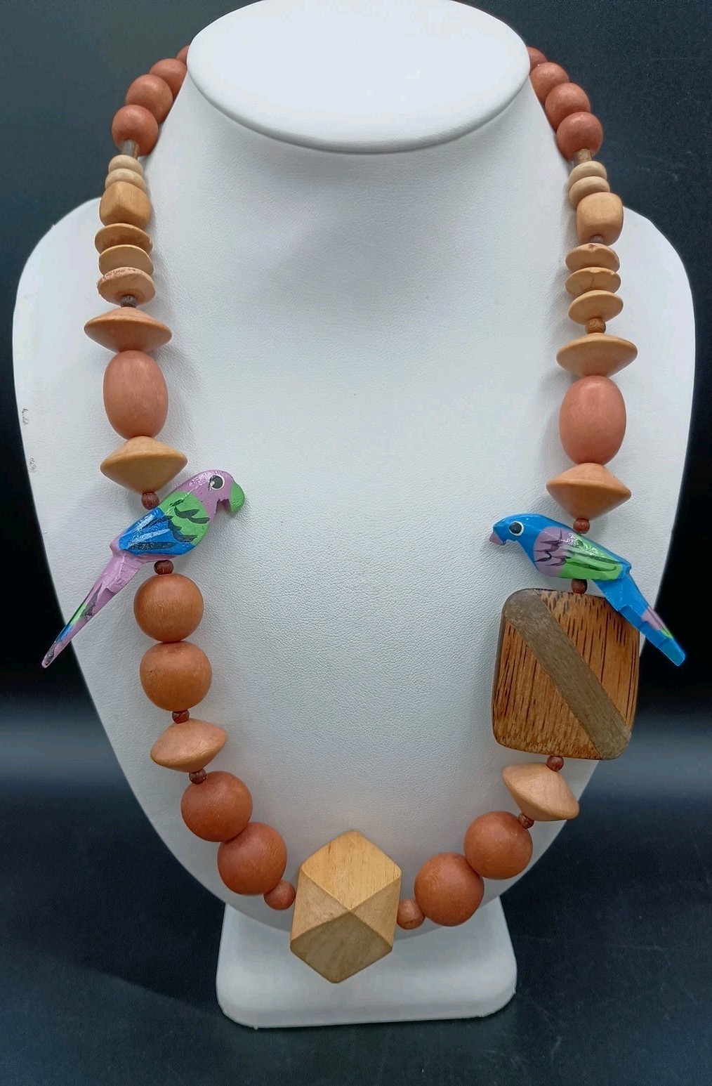 Parrot Bird Necklace Wood Beaded Party Beach Luau Hand Carved Vintage 23″