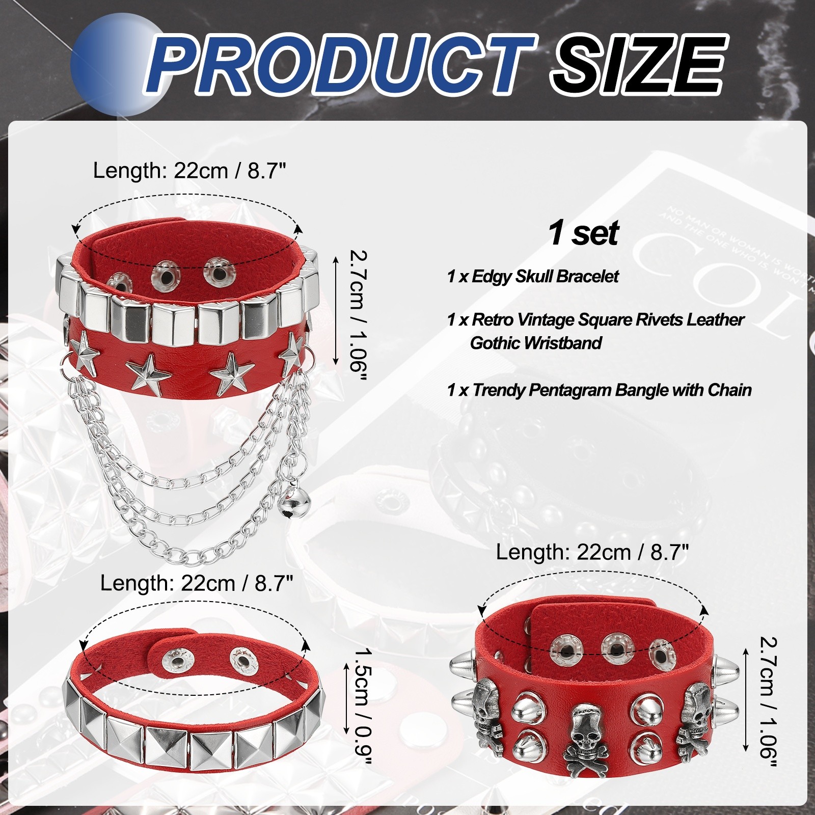 3 Pcs Red Rock Punk Studded Bracelet Set 22cm Adjustable Bracelets for Party