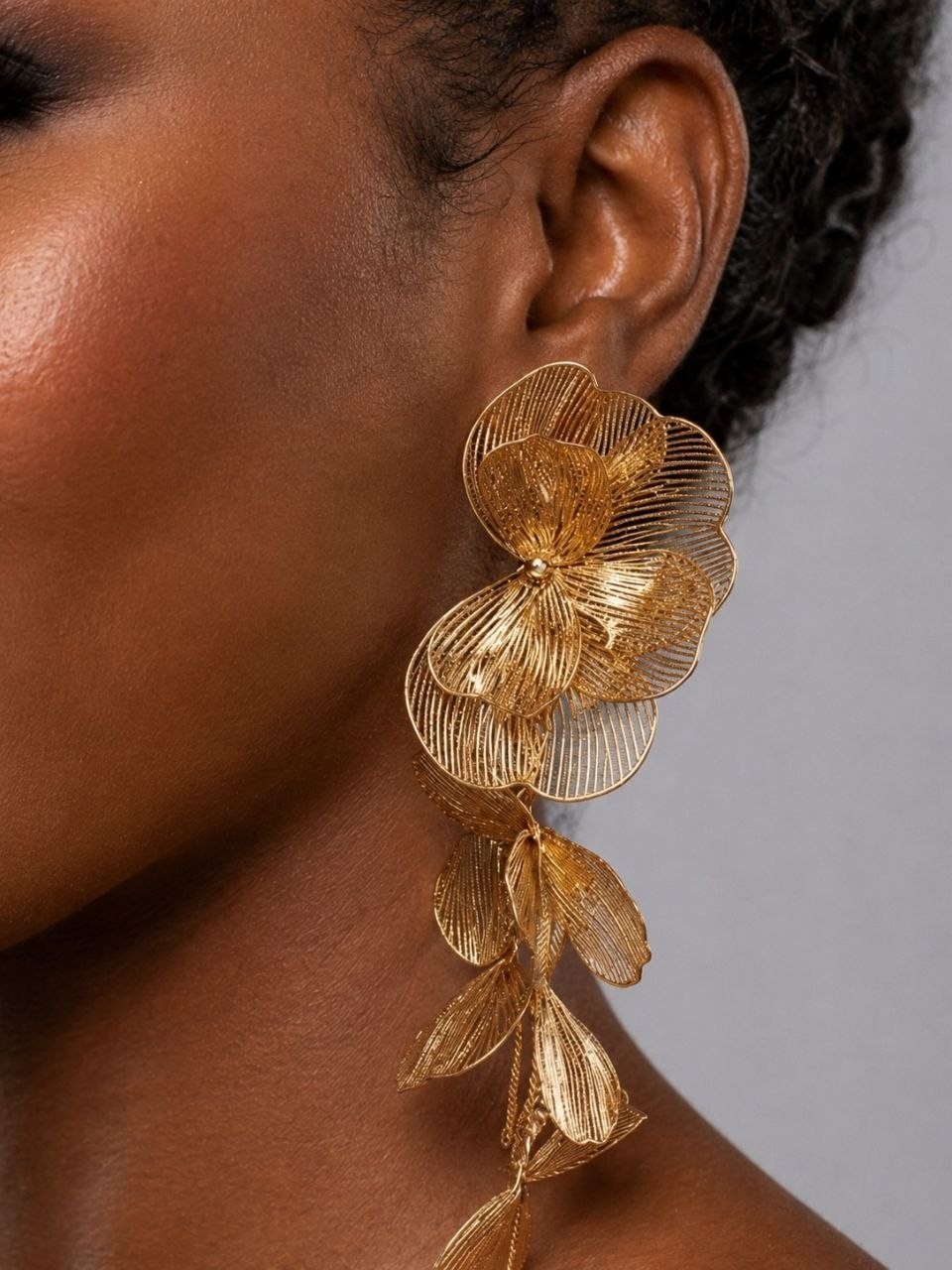 Gold Floral Statement Drop Earrings Large Orchid Flower Dangle Wedding 11cm
