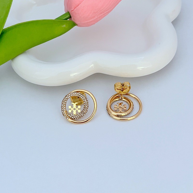New Burch Golden Classic Double Circle Shining Earring Lady with Jewelry Pouch