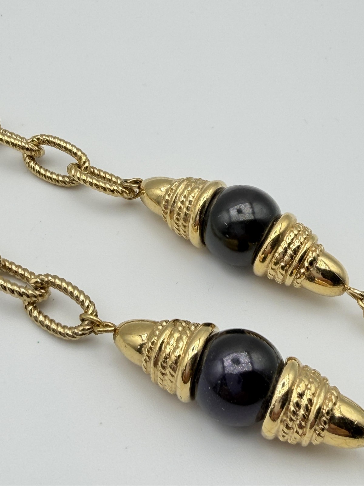 Gold Tone Rope Link Chain Necklace Black Bead Station Long Layering Statement