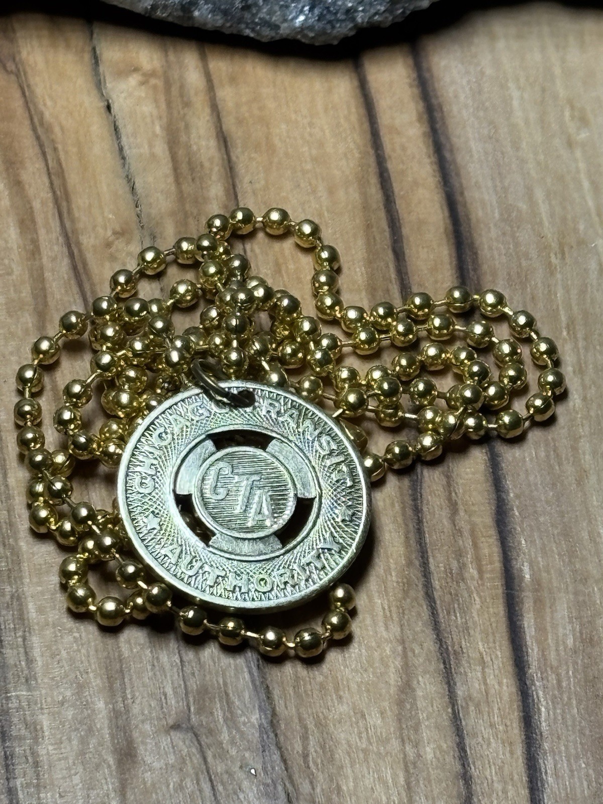 Vintage Chicago CTA Transit Token Necklace Gold Tone Ball Chain. Wear History!