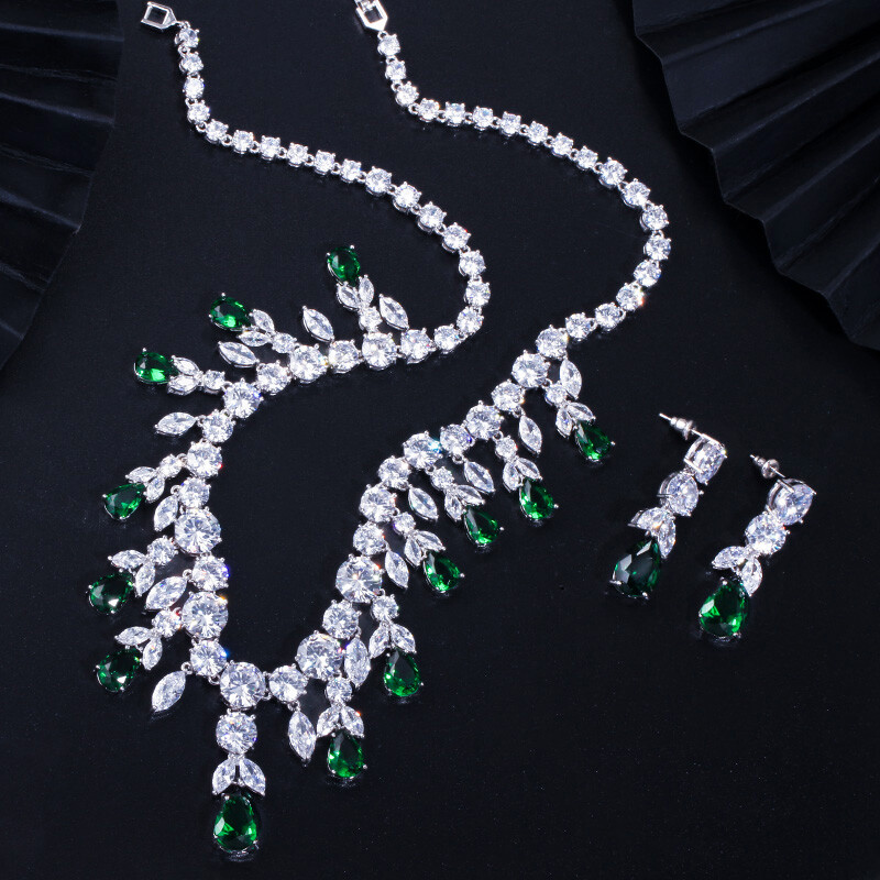 CWWZircons CZ Big Dangle Drop Bridal Wedding White Necklace Earrings Jewelry Set