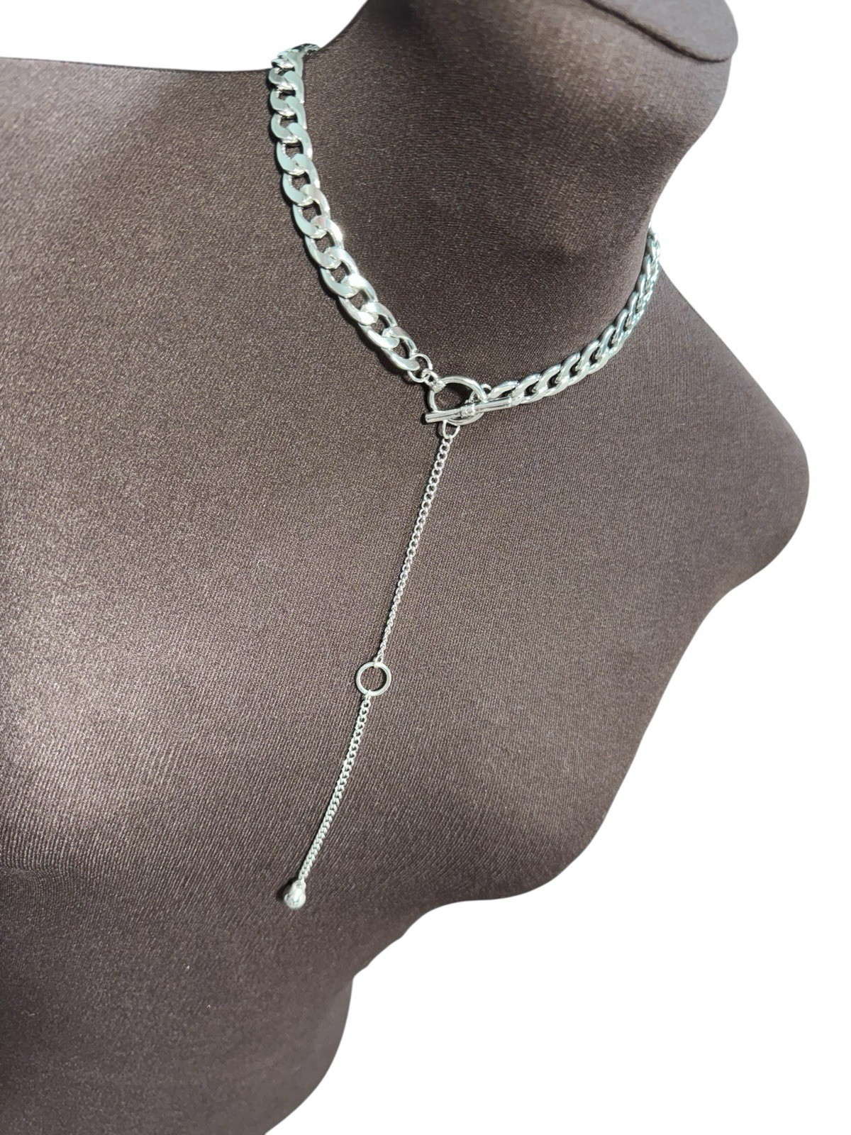 Silver Tone Link Choker Necklace – Y Drop Lariat Chain with Toggle Clasp