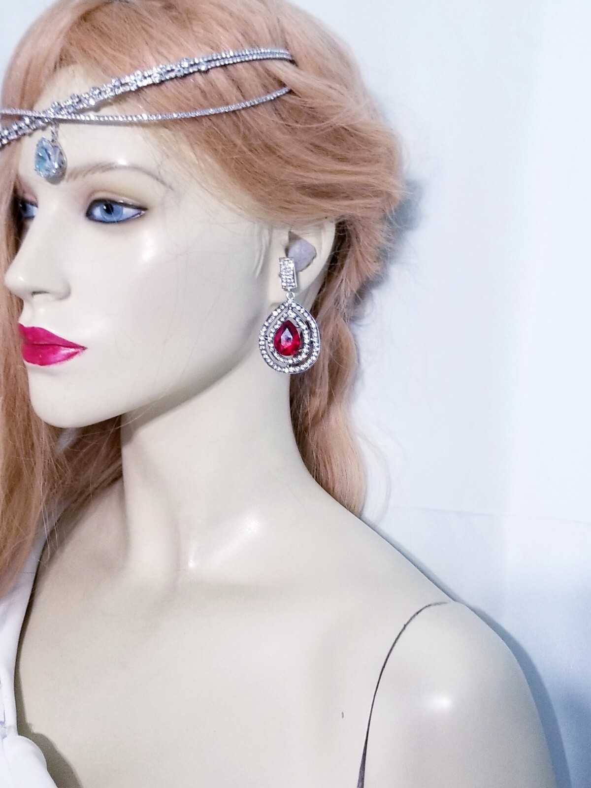 Bridesmaid Drop Dangle Chandelier Earrings 2.4 in Red Rhinestone Pageant Prom