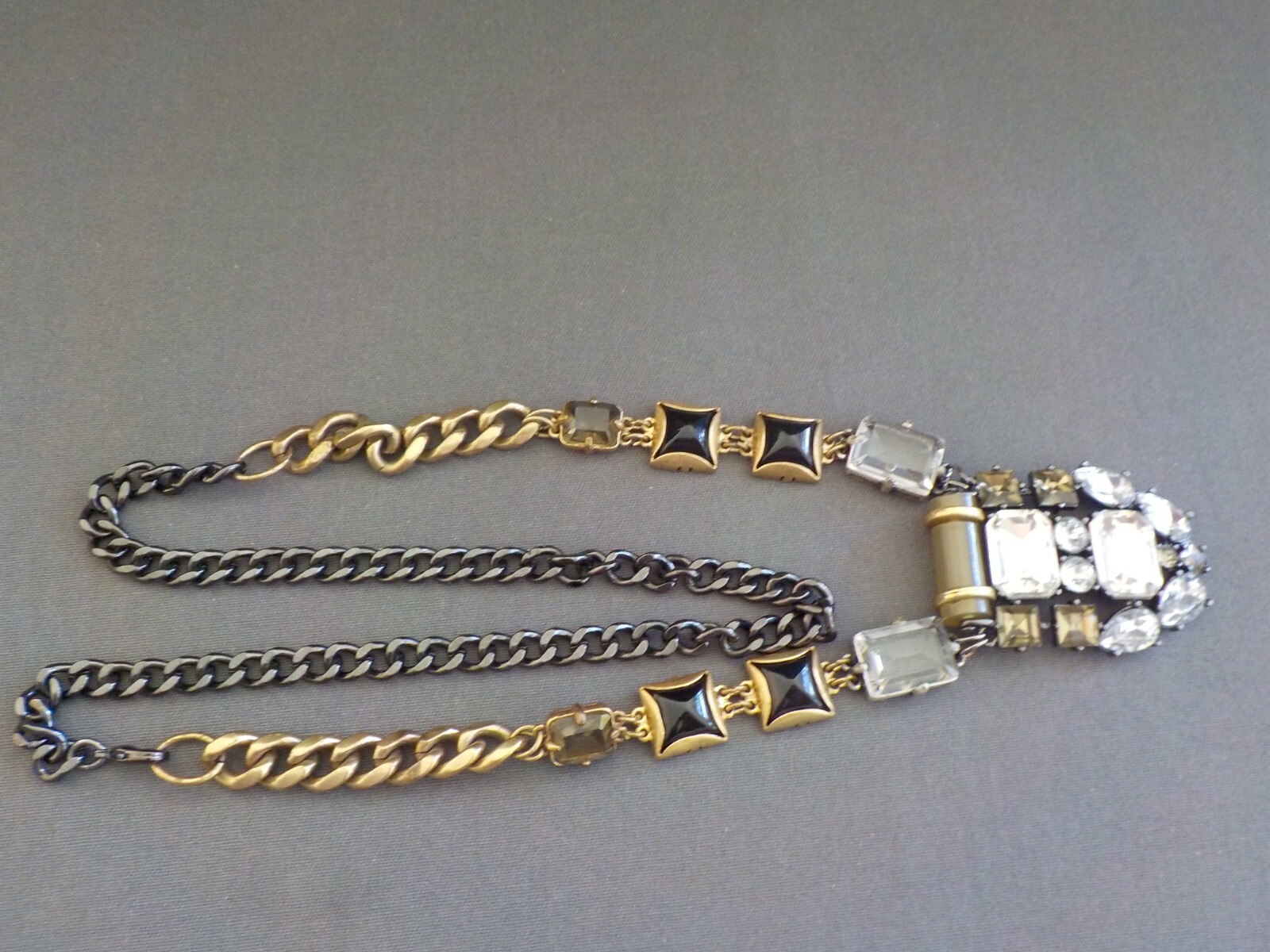 Square Teardrop Clear Black Green Glass Plastic Necklace Gold Black Tone Metal