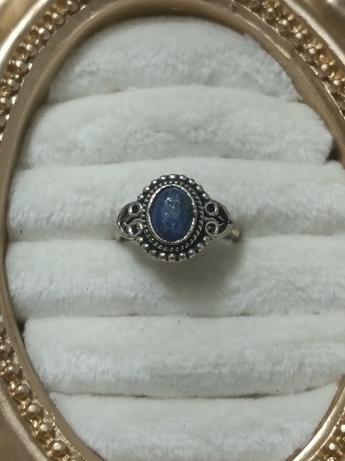 oldstock Silver Tone Ring Size 6 1/2 Blue Oval Cabochon Bezel Set, 1 Gemstone