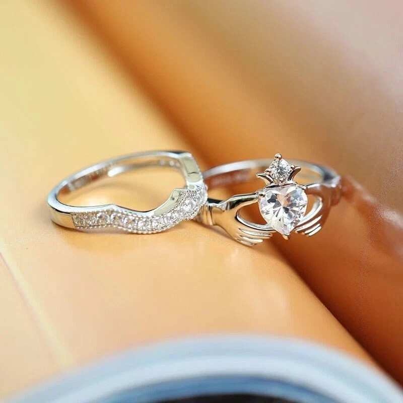 1.50Ct Heart Cut Moissanite Crown Claddagh Engagement Ring 925 Silver Plated