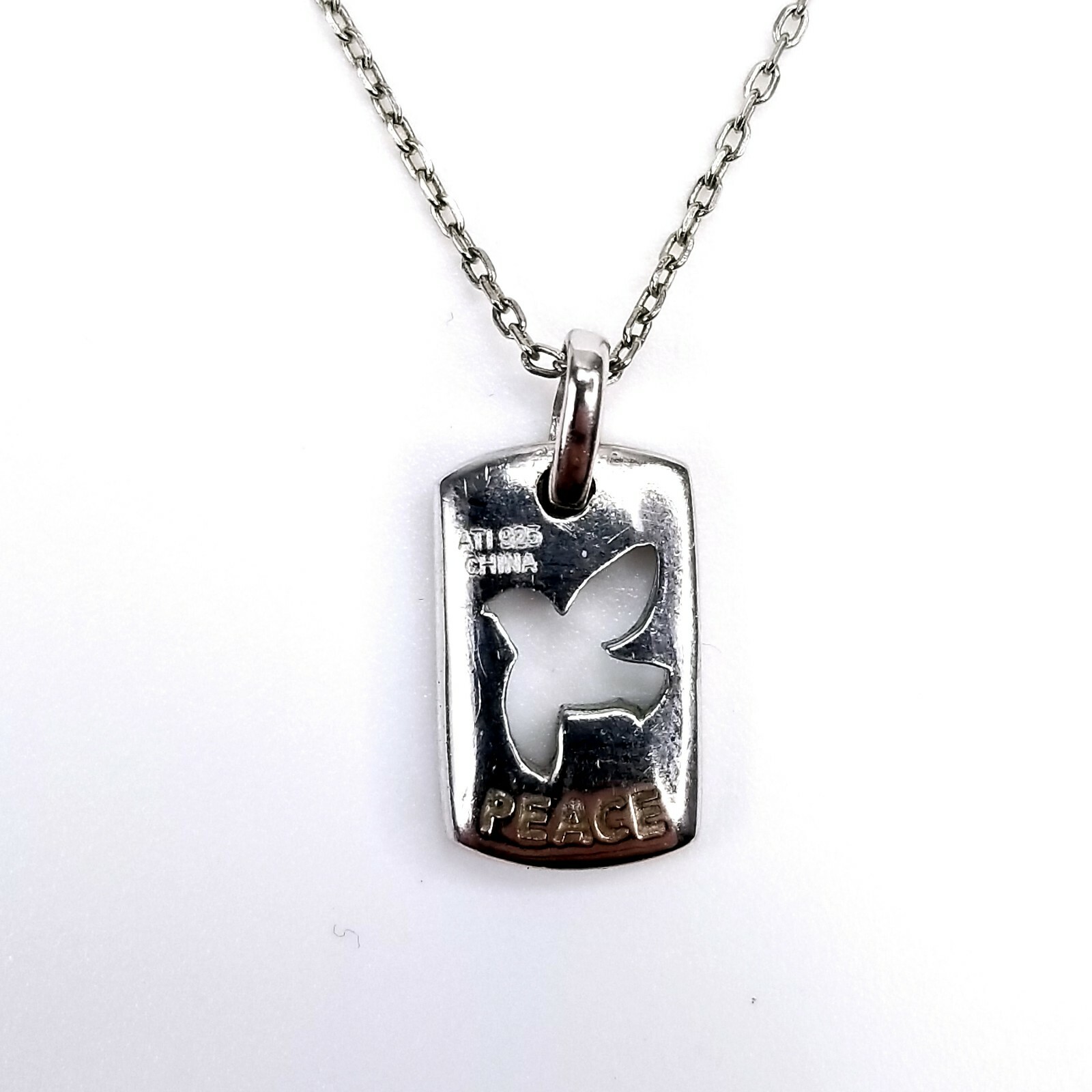 ATI Signed 925 Sterling Silver Necklace PEACE Bird Pendant Clear Rhinestone