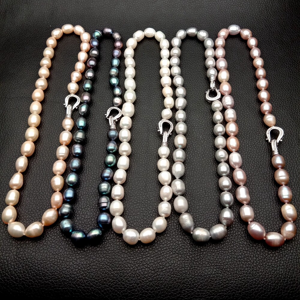 17″ 10mmx12mm White Black Gray Pink Purple Rice Freshwater pearl Necklace