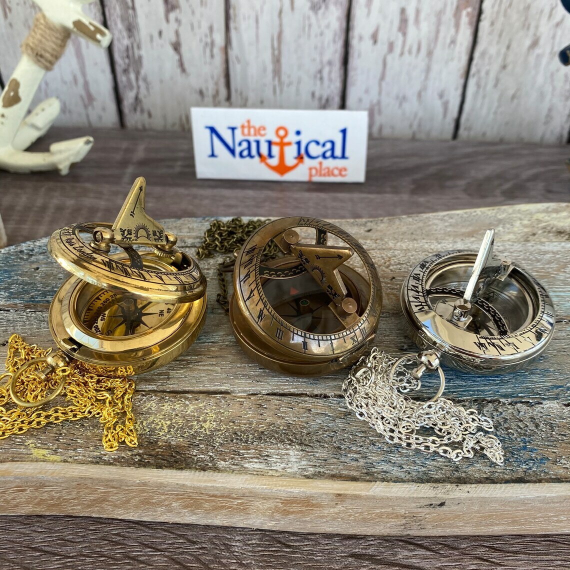 Brass Sundial Compass w/ Optional 27″ Necklace Chain – Gold, Silver, Antique