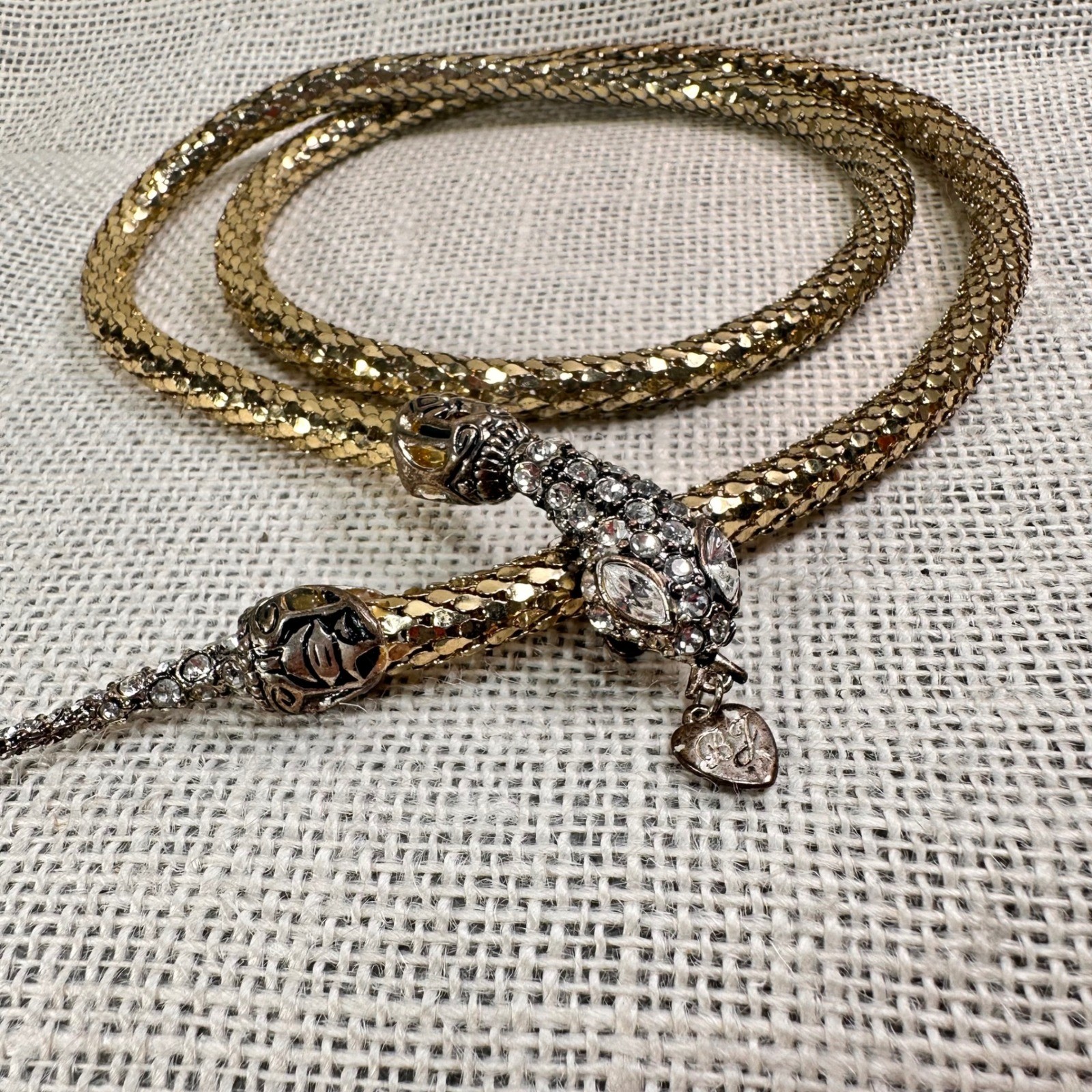 Betsey Johnson Crystal Snake Wrap Necklace Gold Tone 35″ Statement Heart