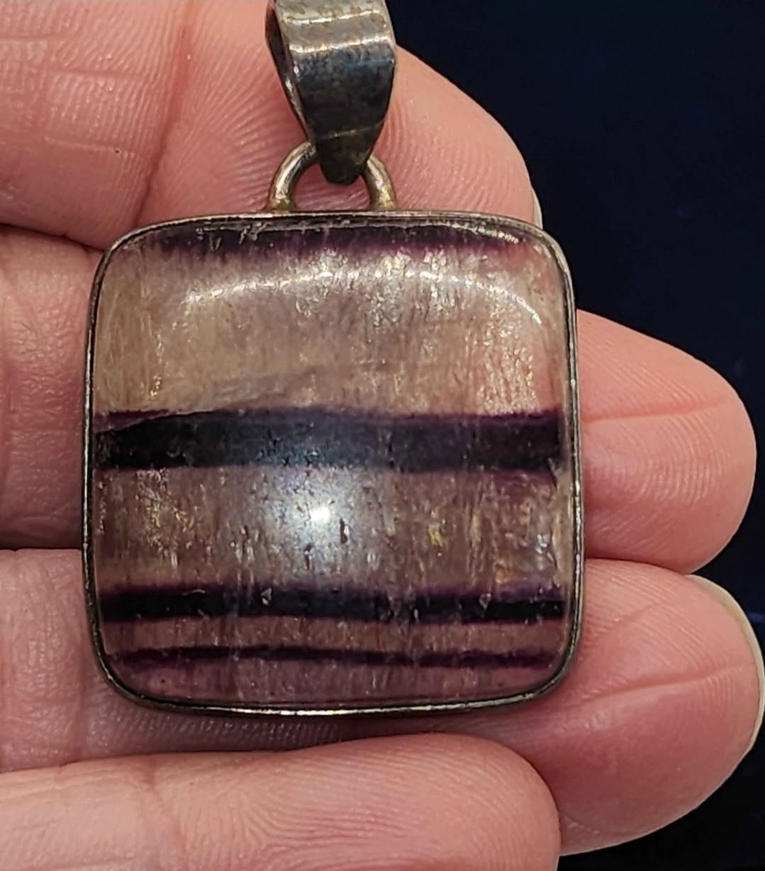 Square Fluorite Pendant Charm Purple Clear Silver Bezel Set Gemstone