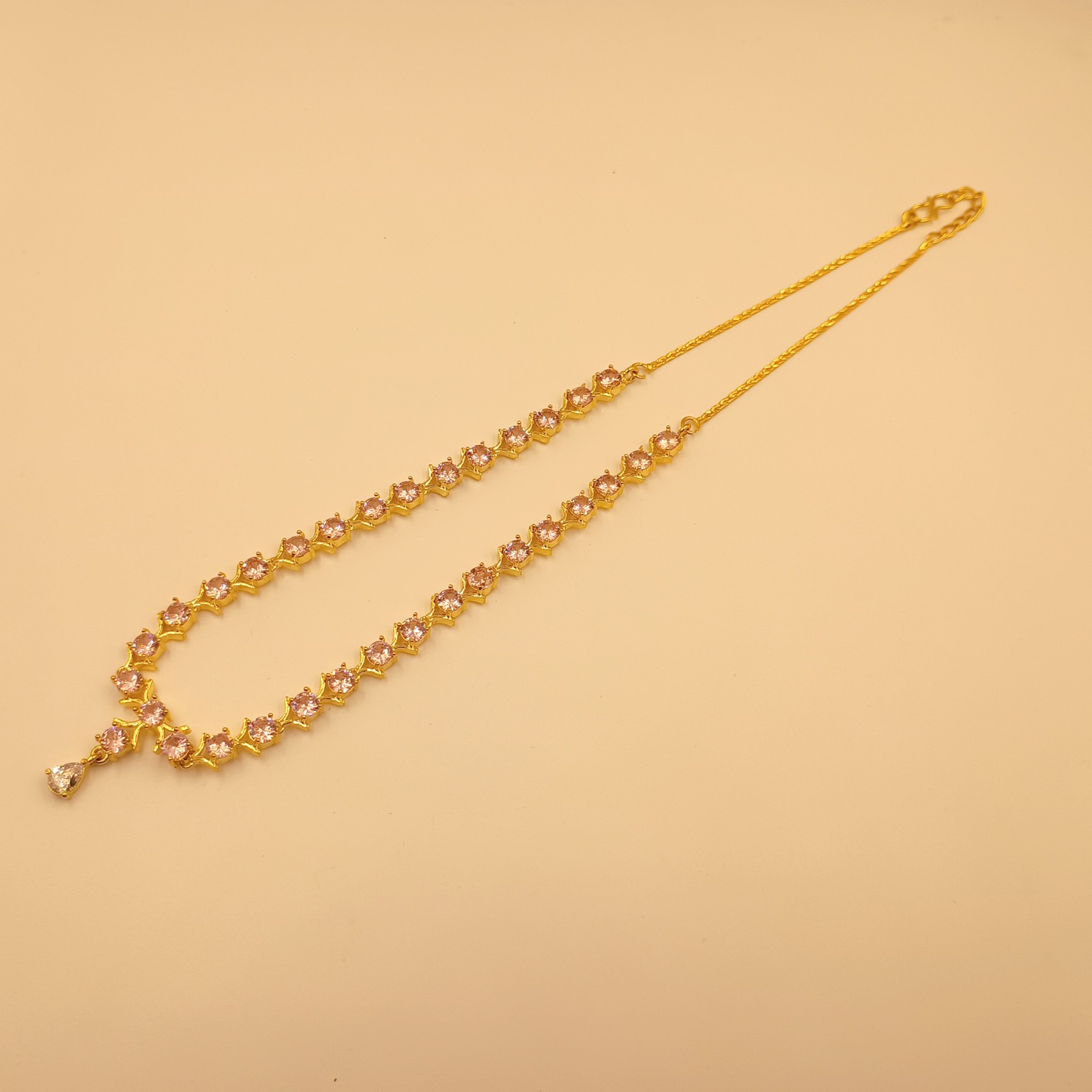 22K Gold Plated Pink Morganite Choker Set Handmade Round Crystal Party Necklace
