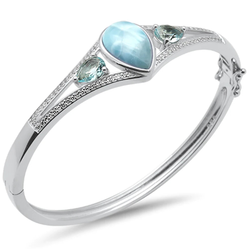Pear Shaped Natural Larimar, Aquamarine & CZ .925 Sterling Silver Bangle Bracele
