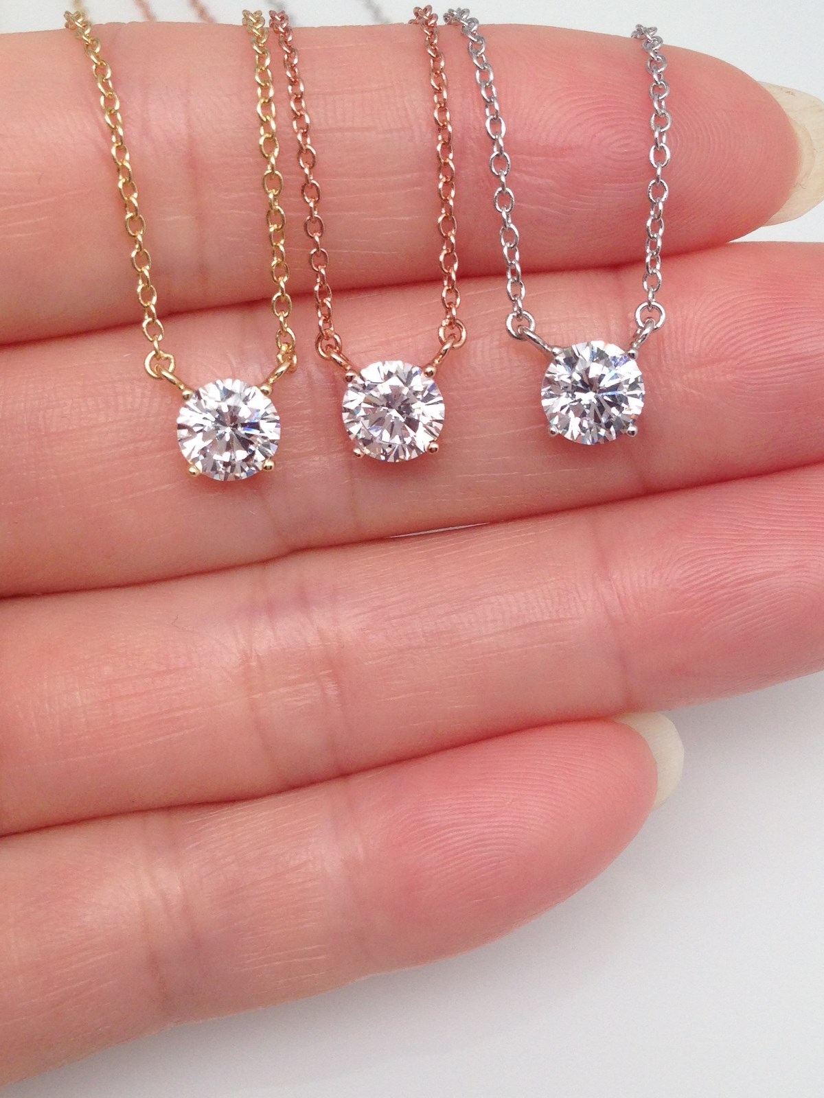 925 Sterling Silver Small Cz Solitaire Pendant Necklace Round 5.8mm 17.25″