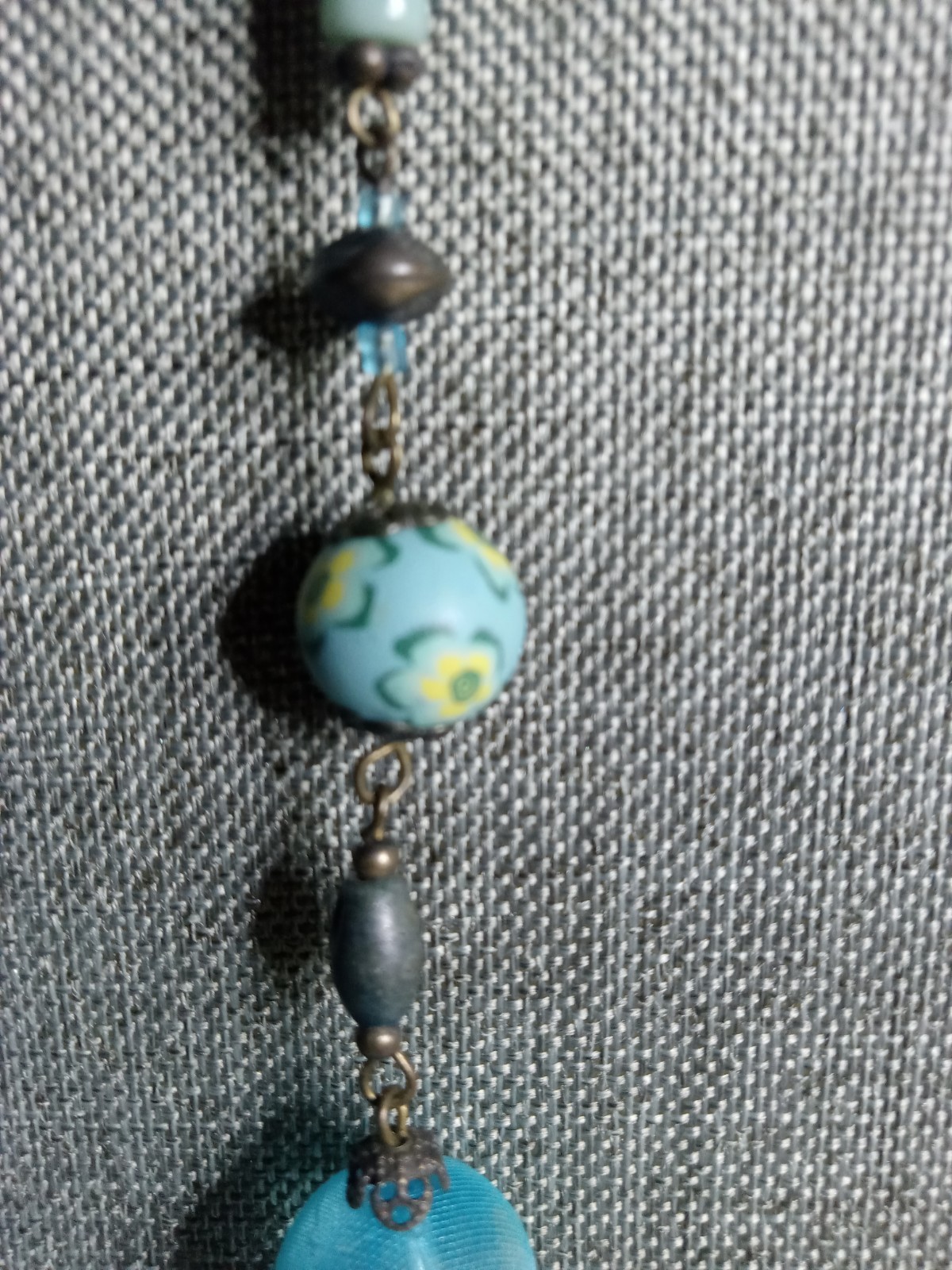 Vintage Turquoise Crocheted Blue flower Beads Necklace Multii-Strand Tassel