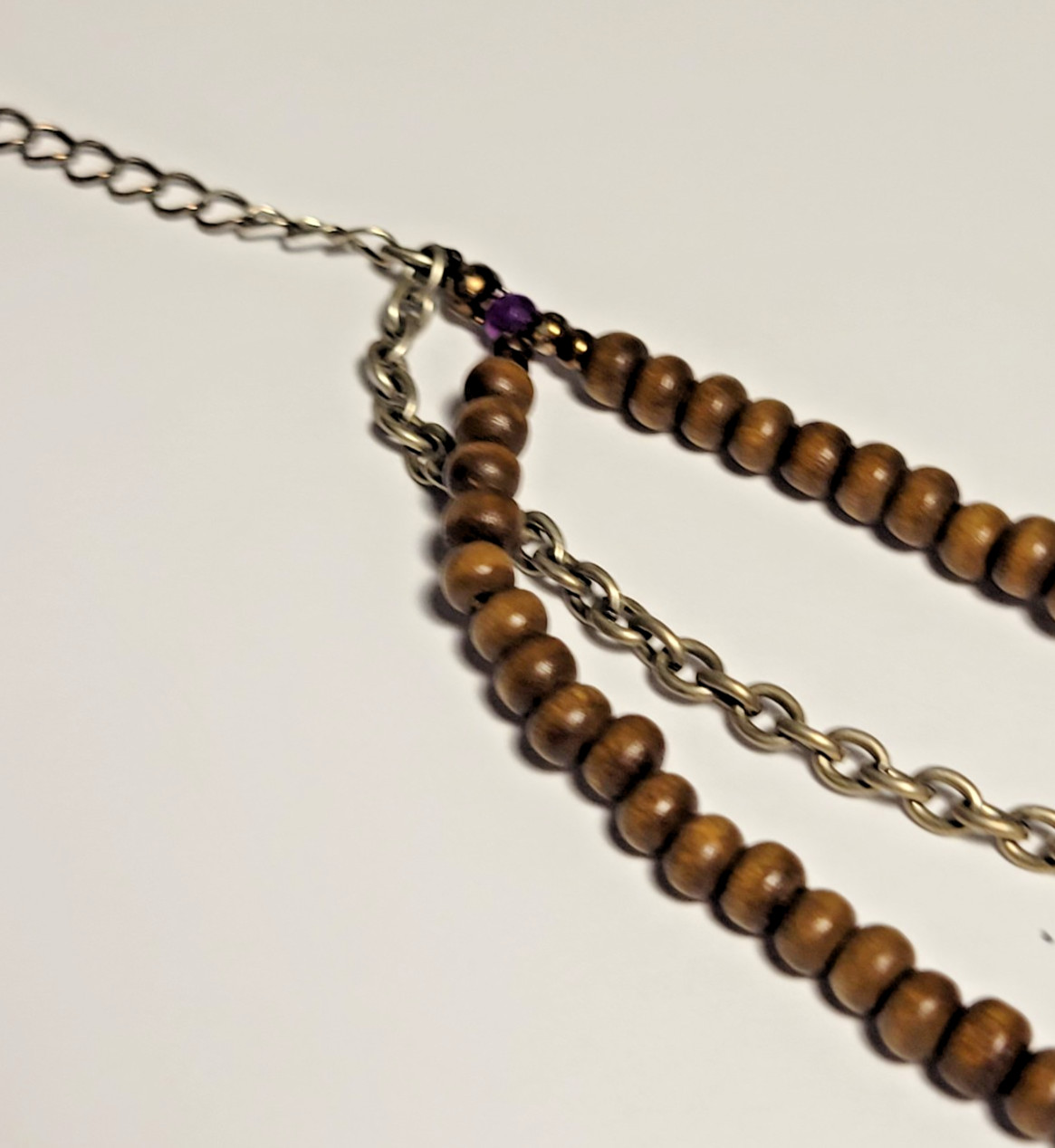 Multi Strand Beaded Boho Necklace Shell Wood Green Purple Iridescent Layered 21″