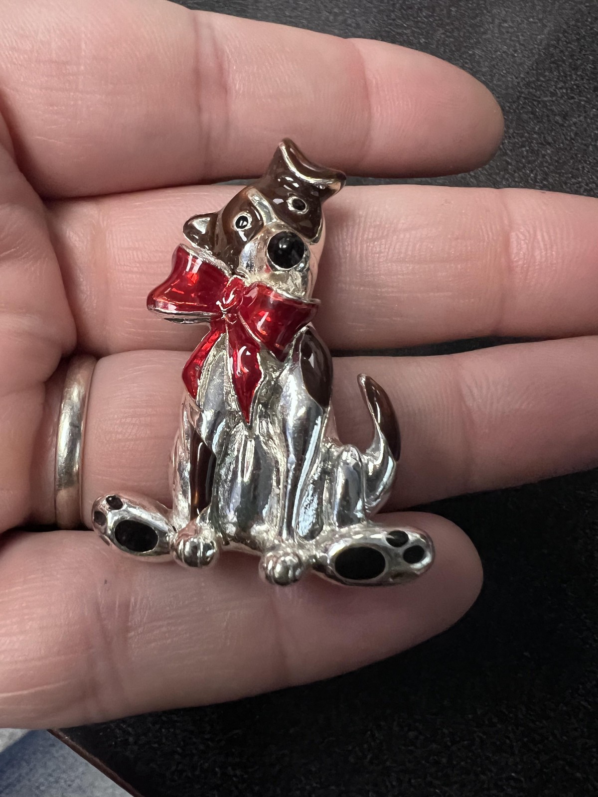 Dog Brooch Enamel Multicolor Red Bow Silver Tone Animal Holiday Jewelry Cute