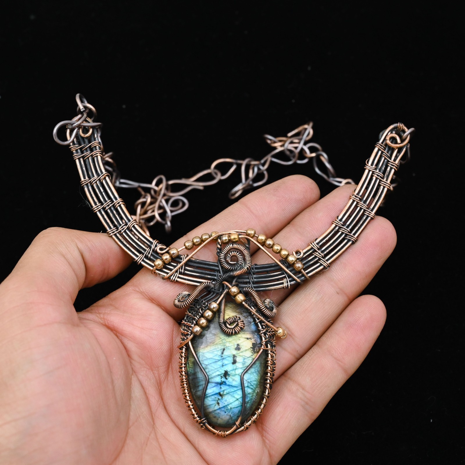 Copper Wire Wrapped Labradorite Pendant Necklace Artisan Handcrafted Necklace