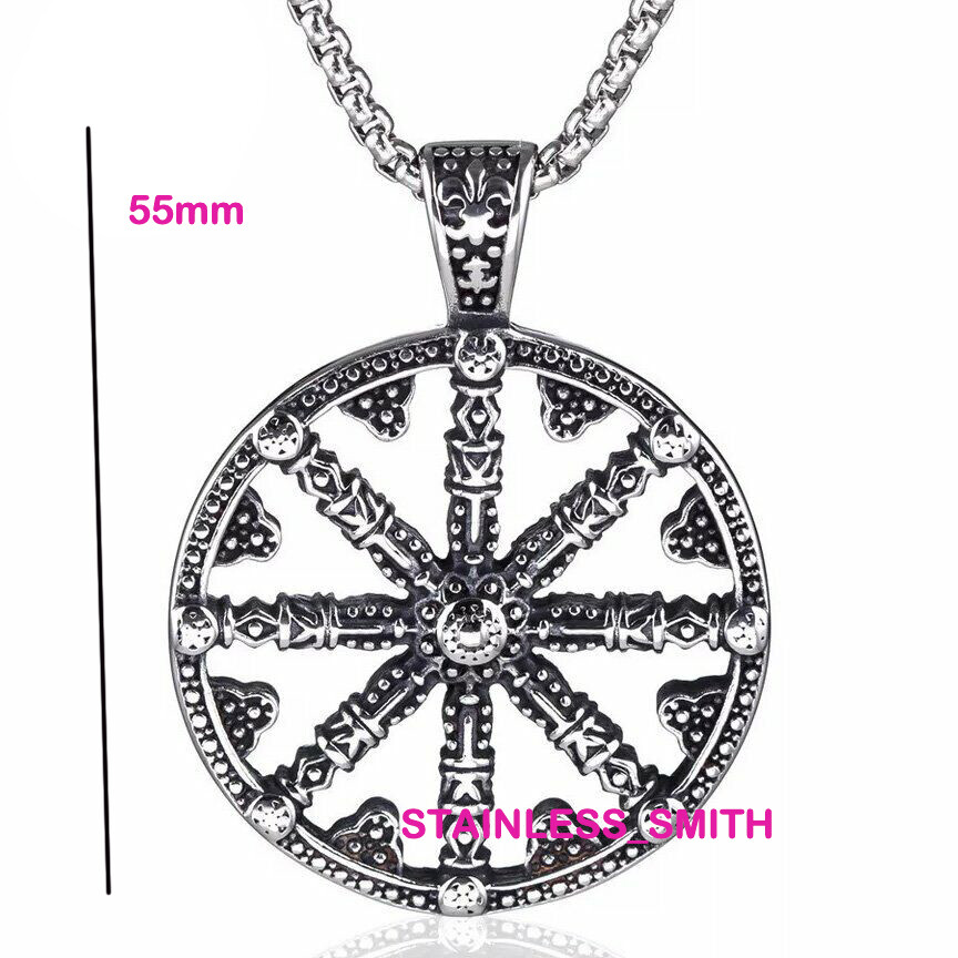 SMITH Mens Womens Good Luck Buddhist Amulet Dharma Wheel Pendant Necklace Chain