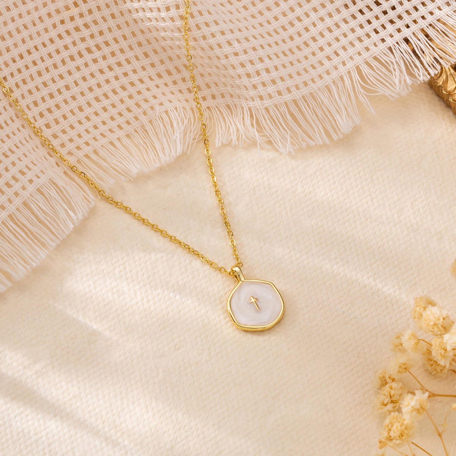 Tewiky Cross Necklace for Women-Dainty 17 inches (with extension), Gold