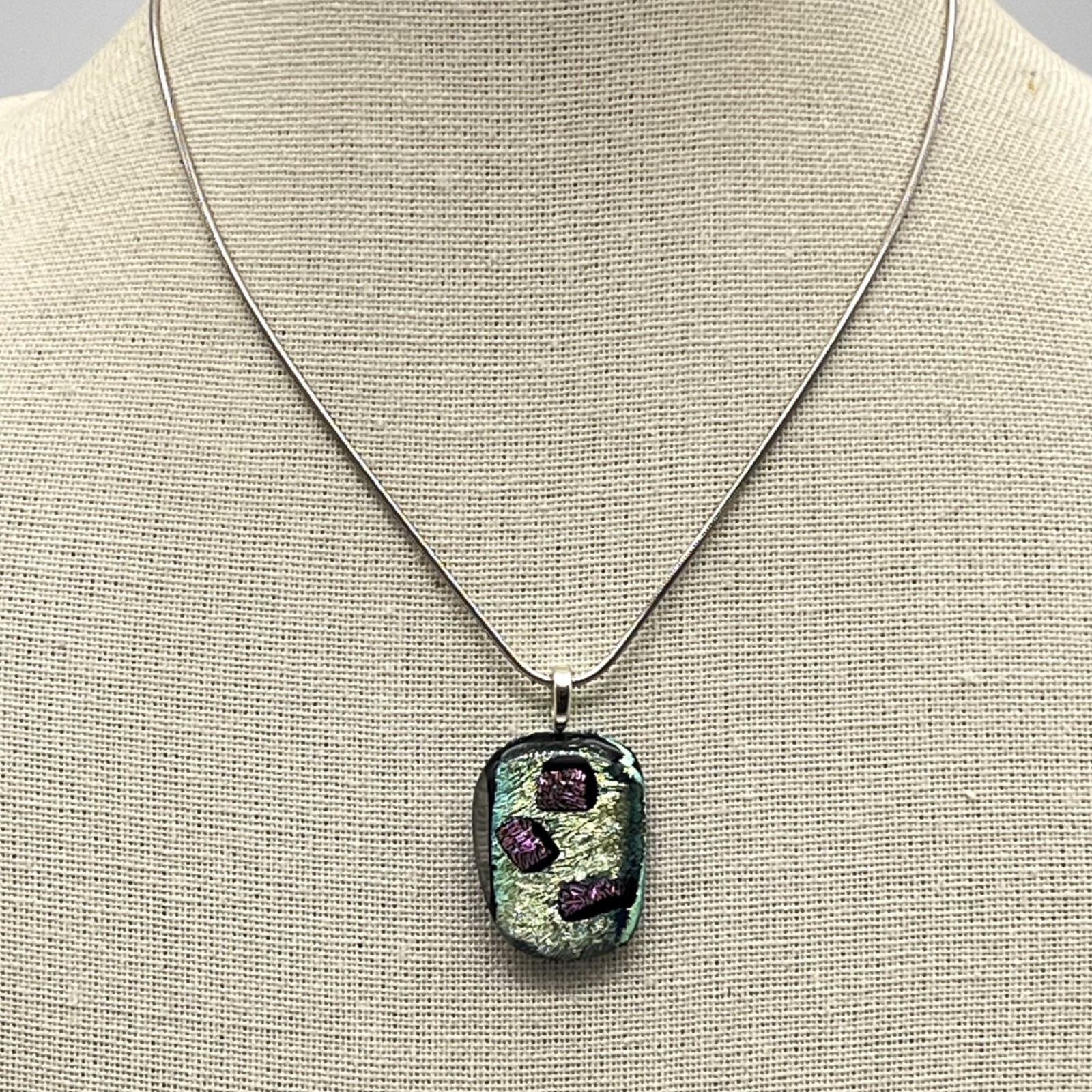 Dichroic Art Glass Pendant Necklace Iridescent Green Purple Black Snake Chain