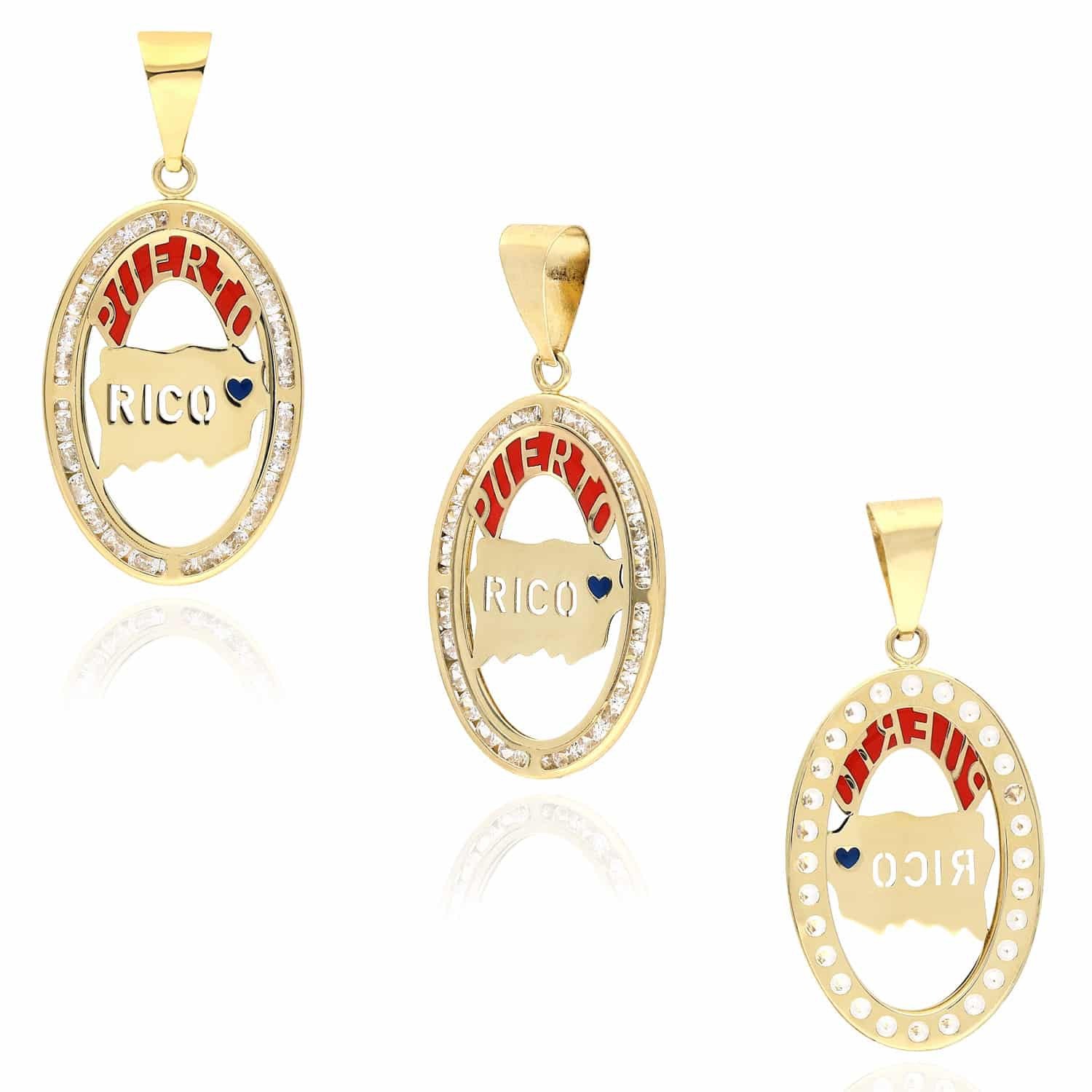 10K Yellow Gold CZ Enameled Puerto Rico Map Oval Shape Disc Pendant
