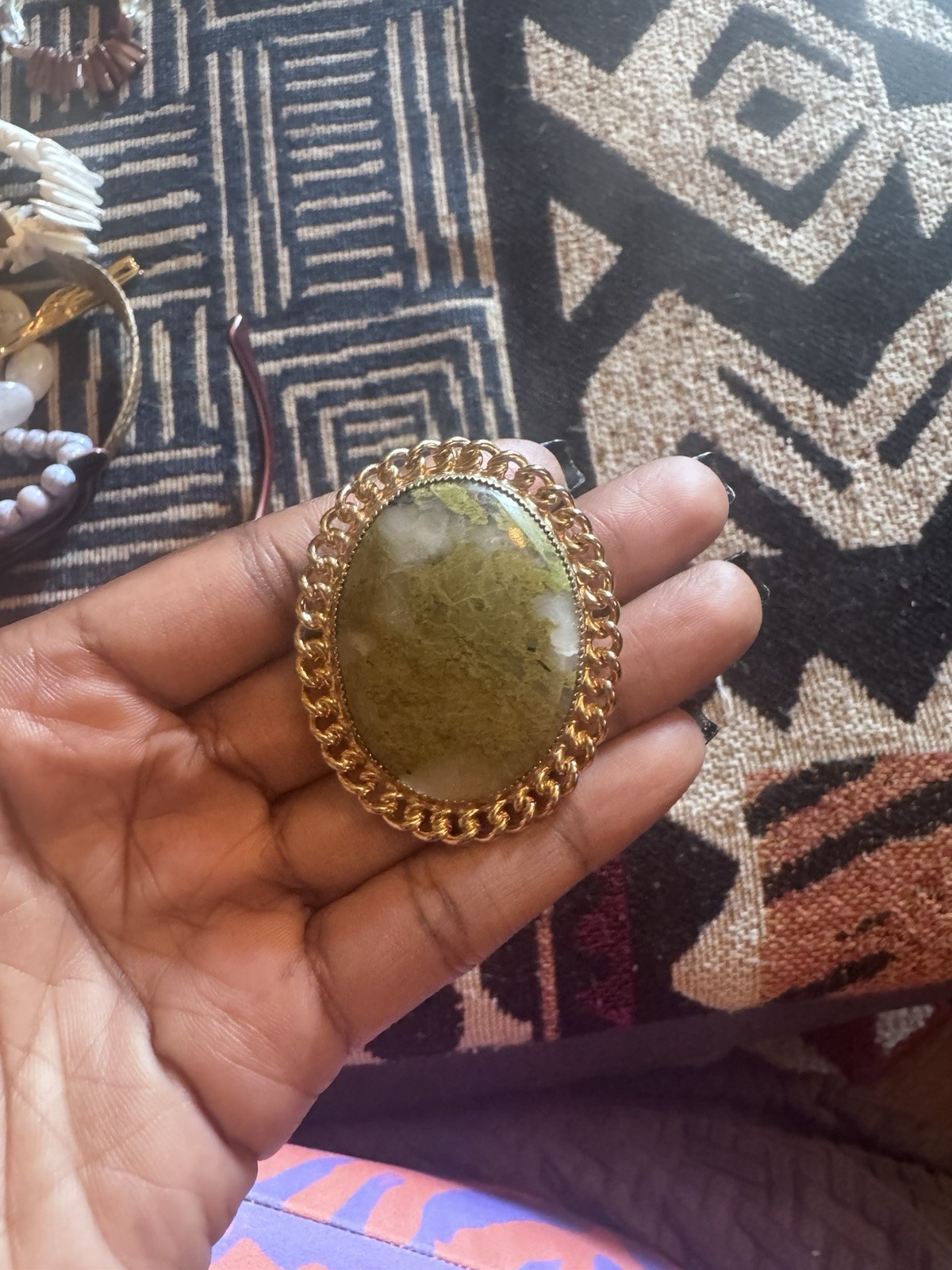 Gold-Tone Green Stone Statement Brooch – Unbranded
