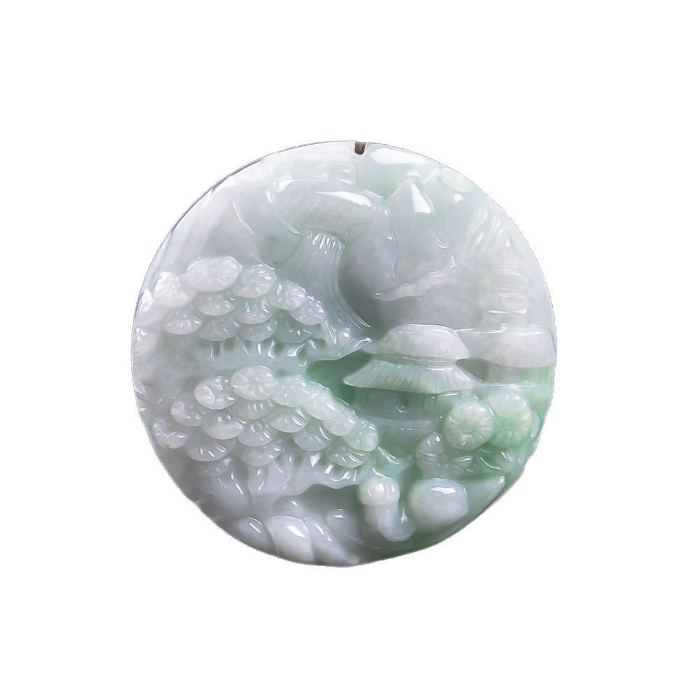 Type A Myanmar Double Sided Round Landscape Jadeite Pendant Carved Jewelry Gift