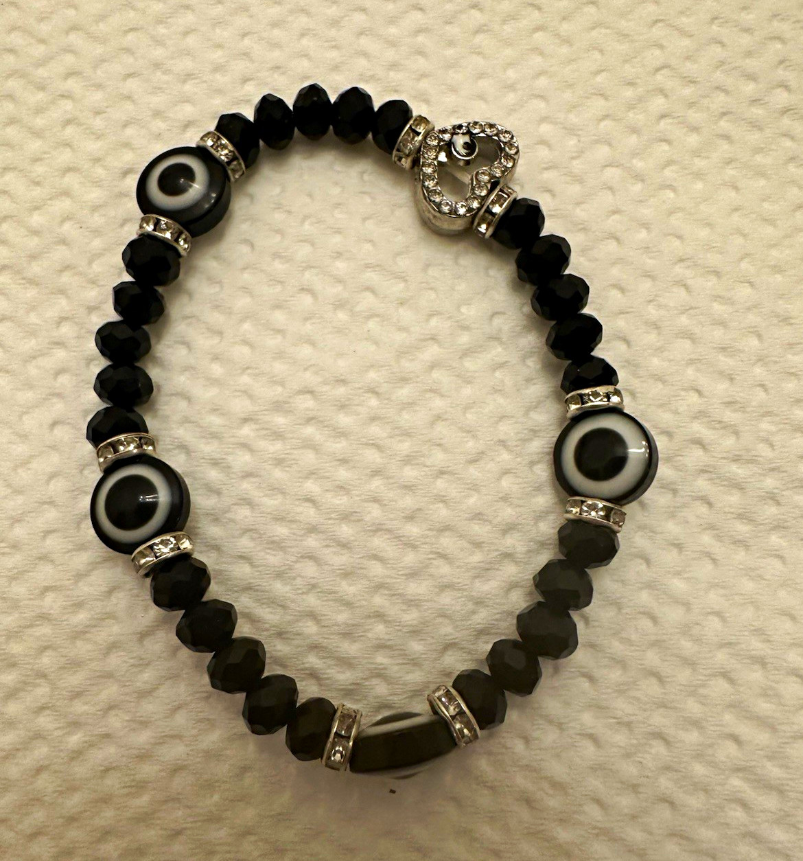 Black & Silver Beaded Stretch Evil Eye Bracelet, Round Glass Beads Charm