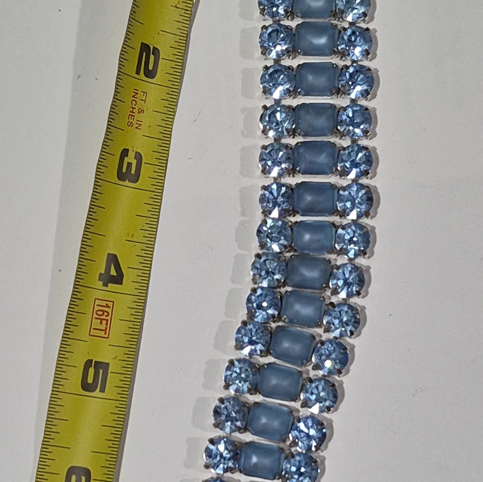 Blue Crystal Tennis Bracelet, Safety Chain, Silver Tone, 7.5in, Box Clasp
