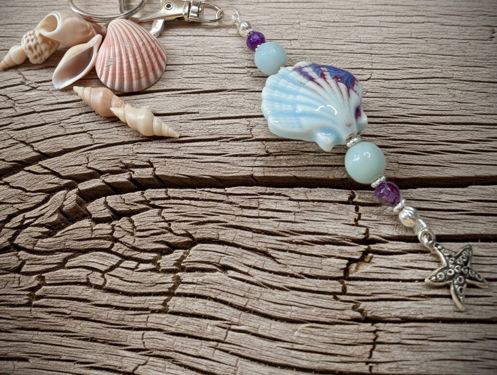 Beachy Sea Shell, Amazonite and Starfish Keychain Purse Tassel – Ocean Inspired