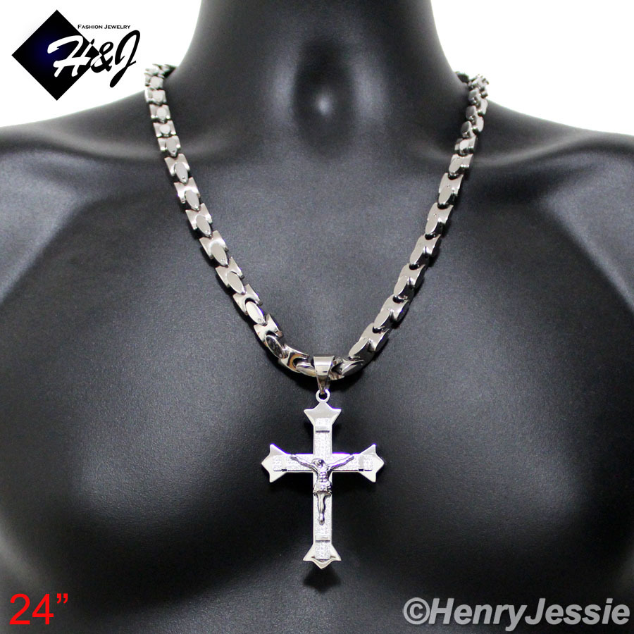 18-40″MEN Stainless Steel 8mm Silver Interlock Chain Necklace Cross Pendant*MJ28