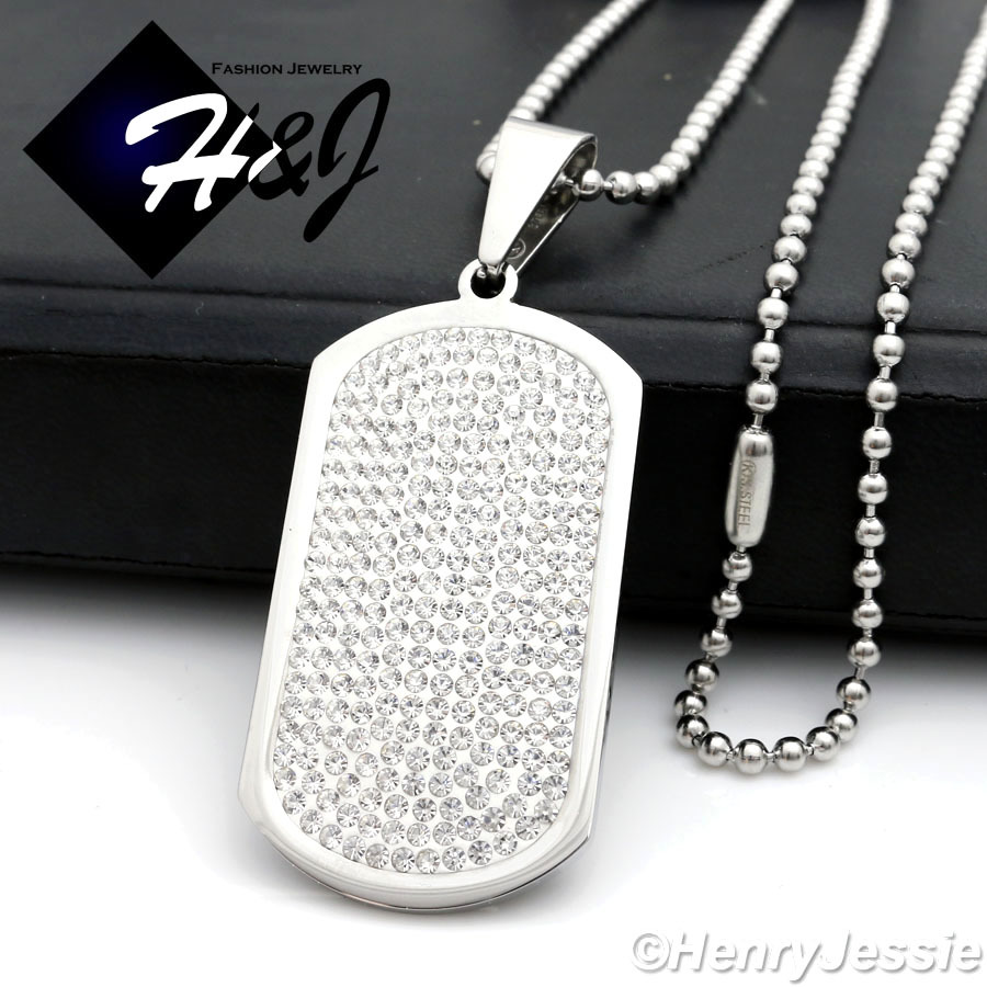 24″MEN Stainless Steel 2.5mm Silver Beaded Chain Necklace CZ Dog Tag Pendant*P43